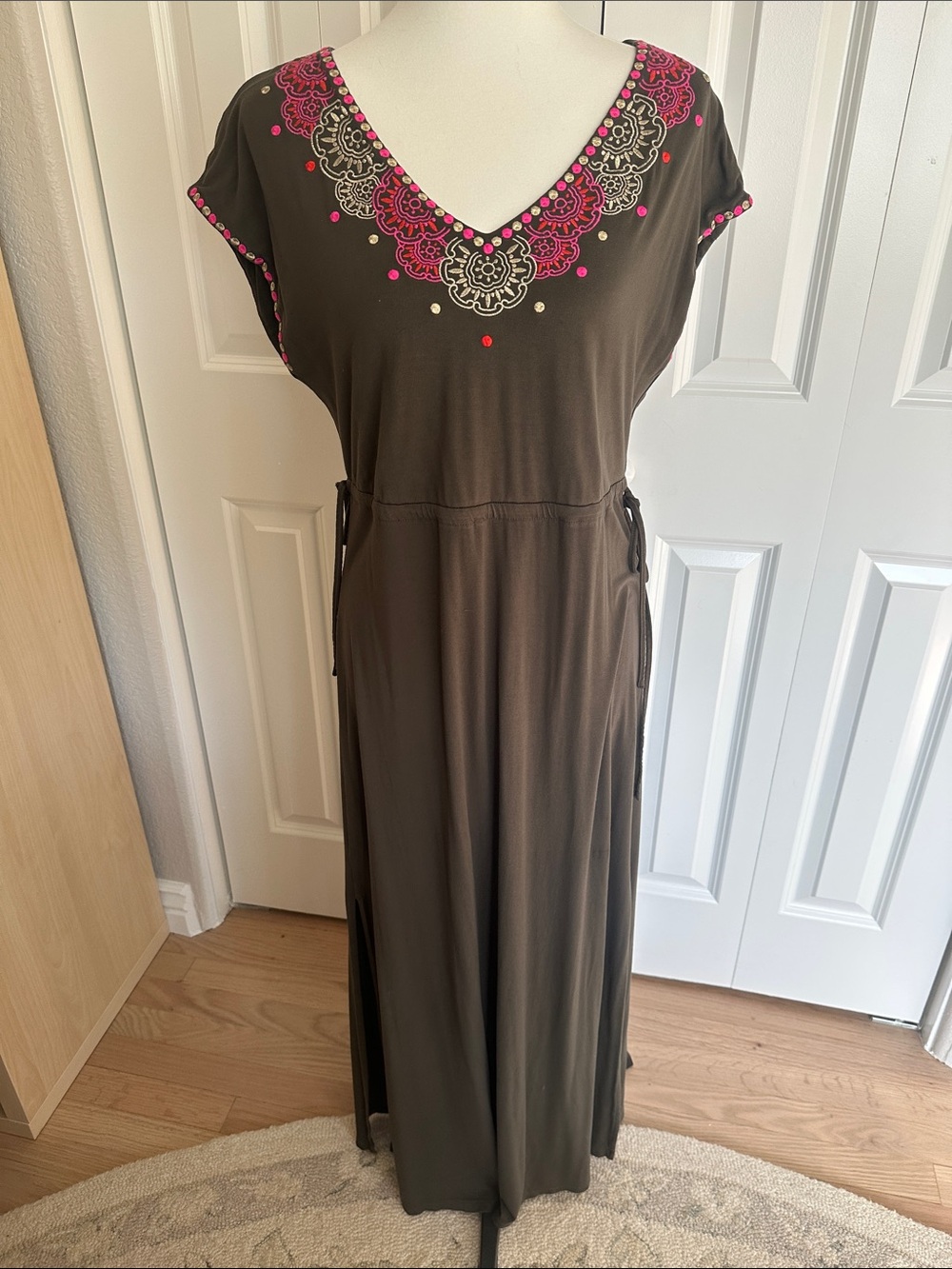 Boden olive green Maxi Dress with Pink Embroidered V-Neck